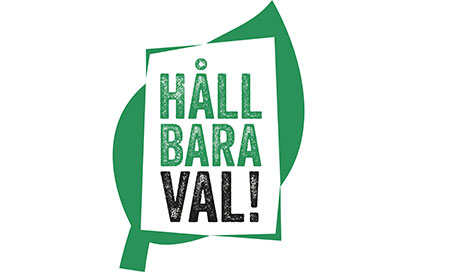 Bilden beskriver en grön grafisk figur i form av ett löv med en överlappande vit ruta med texten ''hållbara val!''