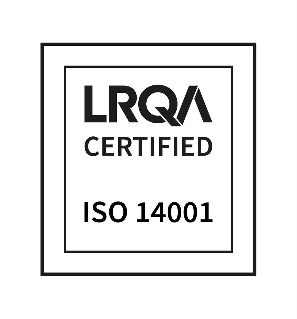 Bilden visar ett svart vitt certifikat för ISO 14001 LRQA