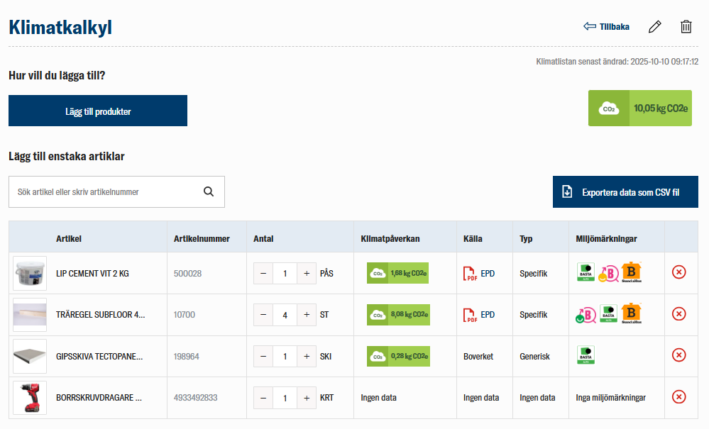  Klimatkalkyl hos SnickarJocke i Nybro med klimatdata per byggprodukt.