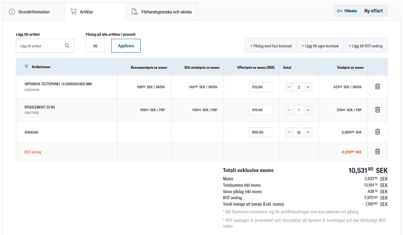 Offertverktyg hos SnickarJocke i Nybro där produkter och priser listas med ROT-avdrag.