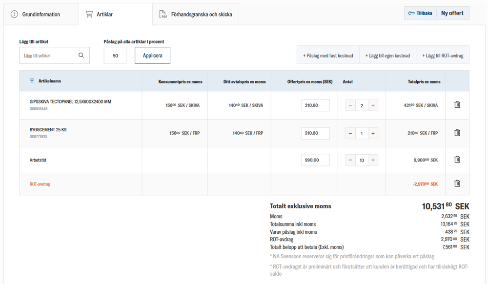 nomenu Offertverktyg hos SnickarJocke i Nybro där produkter och priser listas med ROT-avdrag.