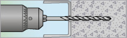 Borrmaskin med borr i betongvägg, sedd från sidan.