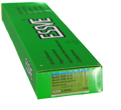 ESSVE-grön låda med text "Board/OSB skruv, 3.9x45, 1000 st".