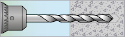 Illustration av en borr som borrar in i en vägg; halva väggen visas som genomskinlig.