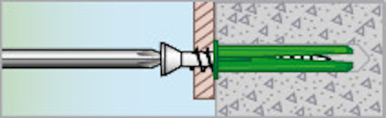 Illustration av en skruv med plugg monterad genom en grön och vit vägg.