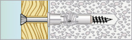 Illustration av en skruv och plugg i en vägg, med trä och betonglager visade.