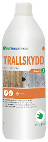 Vit flaska med etiketten "Trallskydd Eco 1L" och en bild av trätrall i olika nyanser.