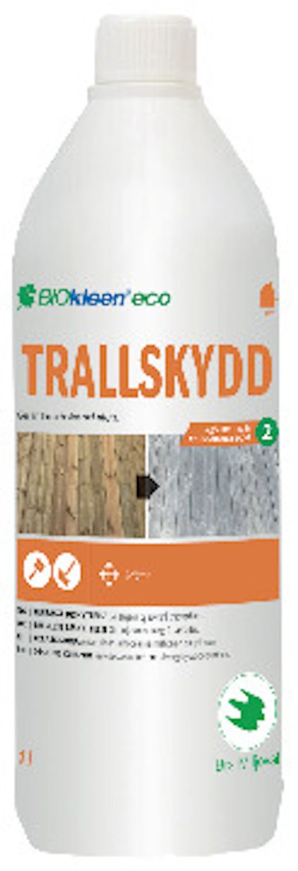 Vit flaska med etiketten "Trallskydd Eco 1L" och en bild av trätrall i olika nyanser.