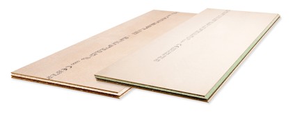 Två golvspånskivor halv överlappande varandra, med tryckt text och profilerade kanter.