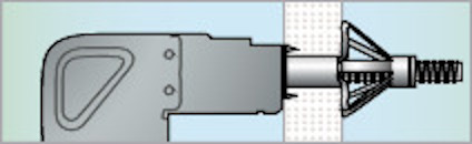 Illustration av ett verktyg mot en grön bakgrund, med en skruv eller bult och en plastplugg.