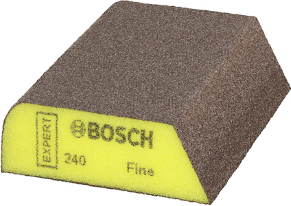 Gul slipkloss med grått slipmaterial och svart tryck: "BOSCH EXPERT 240 Fine".