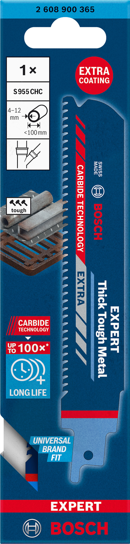 Blå sågblad från Bosch för tjock metall, med text "Expert" och "Extra Coating", samt produktnummer 5956 CWC.