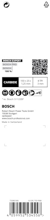Förpackning med specifikationer för Bosch Expert sågblad, innehållande information som storlek, material och serienummer.