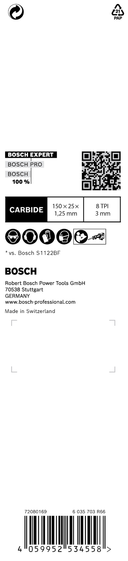 Förpackning med specifikationer för Bosch Expert sågblad, innehållande information som storlek, material och serienummer.