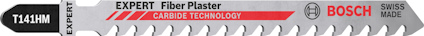 Sticksågblad med texten "T141HM Expert Fiber Plaster", "Carbide Technology", och "Bosch Swiss Made".