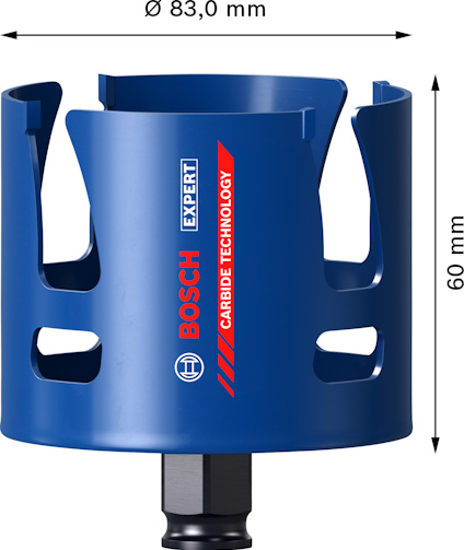 Blått Bosch hålsågstillbehör med karbidteknologi, 83 mm i diameter och 60 mm i höjd.
