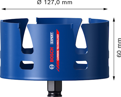 Blå hålsåg från Bosch, märkt "Carbide Technology", diameter 127 mm, höjd 60 mm.