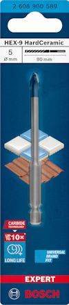 Förpackning med Bosch HEX-9 borr för hård keramik, 5 mm, 90 mm lång, med markeringar för lång livslängd och universalanvändning.