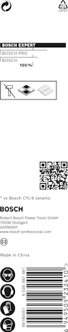 Förpackning med Bosch expert keramikborrspets. Innehåller logotyper och text: "Bosch PRO", "Bosch CYL-9 ceramic". QR-kod och streckkod syns.