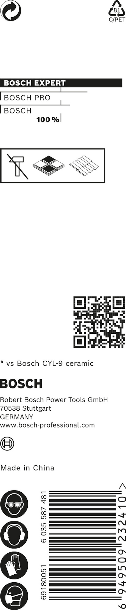 Förpackning med Bosch expert keramikborrspets. Innehåller logotyper och text: "Bosch PRO", "Bosch CYL-9 ceramic". QR-kod och streckkod syns.