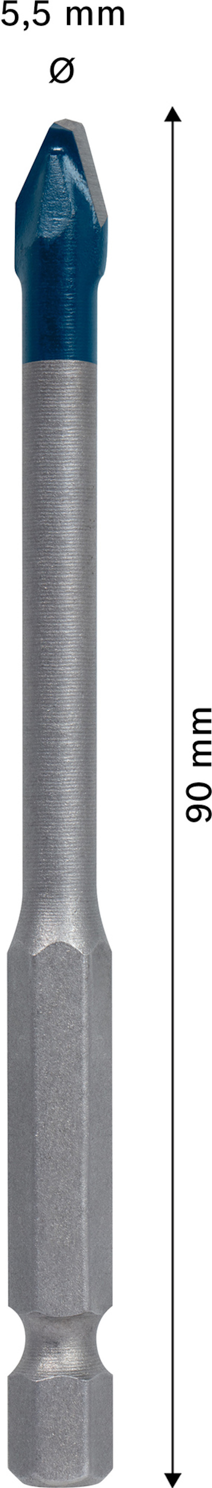 Skruvbits med hexagonal bas och spets, märkningar "ø 5,5 mm" och "90 mm" med pilar som visar längd.