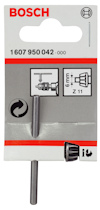 Förpackning med Bosch 1607 950 042.000 tillbehör; inkluderar en metallstav och diagram på vit bakgrund.