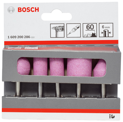 Förpackning med fyra rosa slipstift från Bosch, märkta 60 grit och 6 mm.