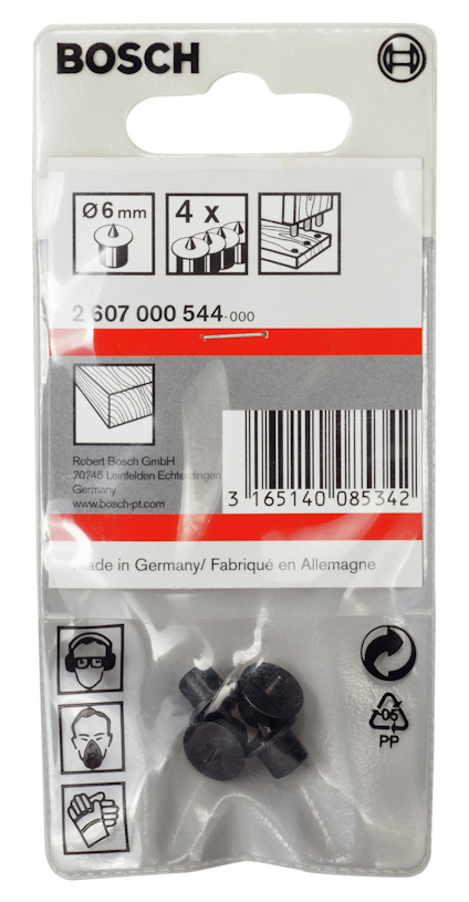 Borrstoppersats från Bosch, 6 mm, förpackning med fyra stycken. Innehållsförteckning och streckkod synliga.