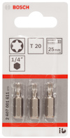 Förpackning med tre Bosch T20 bits, 25mm, 1/4".