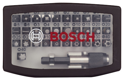 Borr- och skruvbitsats i en transparent plastlåda med Bosch-logotyp.