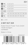Etikett med olika skruvtyper, storlekar och kvantitet. Tillverkare: Robert Bosch Power Tools GmbH, Stuttgart, Tyskland. Made in China.