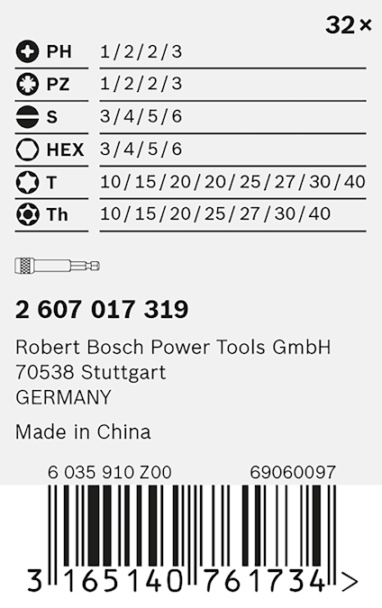 Etikett med olika skruvtyper, storlekar och kvantitet. Tillverkare: Robert Bosch Power Tools GmbH, Stuttgart, Tyskland. Made in China.