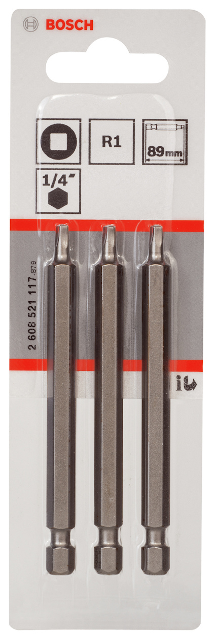 Förpackning med tre Bosch skruvbits, R1, 89 mm längd, 1/4" fäste.
