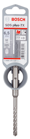 Borr S3 SDS plus-7X med spiraldesign och Bosch-märkning; diameter 6,5 mm, arbetslängd 50 mm, totalt 115 mm.