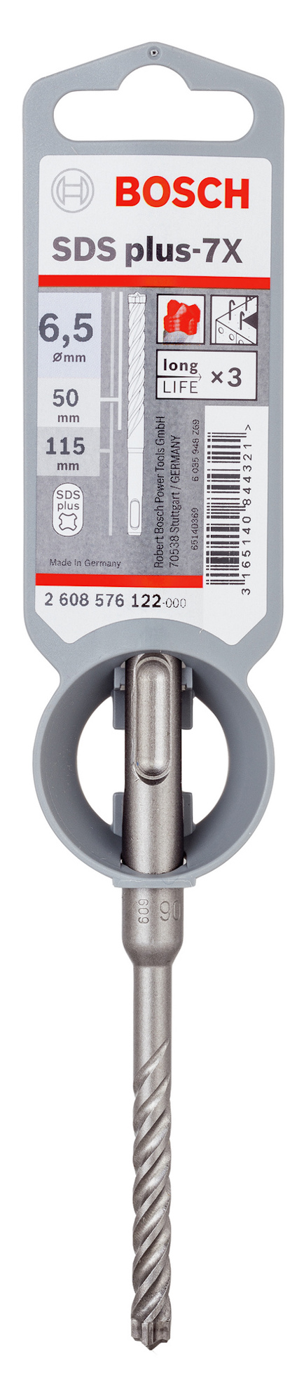 Borr S3 SDS plus-7X med spiraldesign och Bosch-märkning; diameter 6,5 mm, arbetslängd 50 mm, totalt 115 mm.
