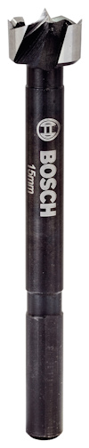 Träborr Forstner med svart skaft och silverfärgade skärkanter, märkt med "Bosch 15mm".