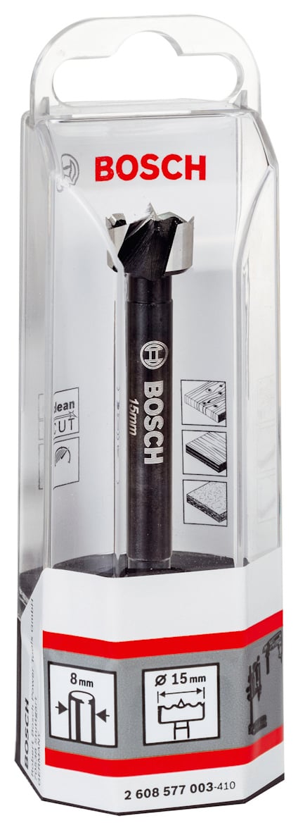 Förpackning med Bosch borrhuvud, märkt med "15 mm" och "8 mm", visa bilder av olika borrtillfällen.