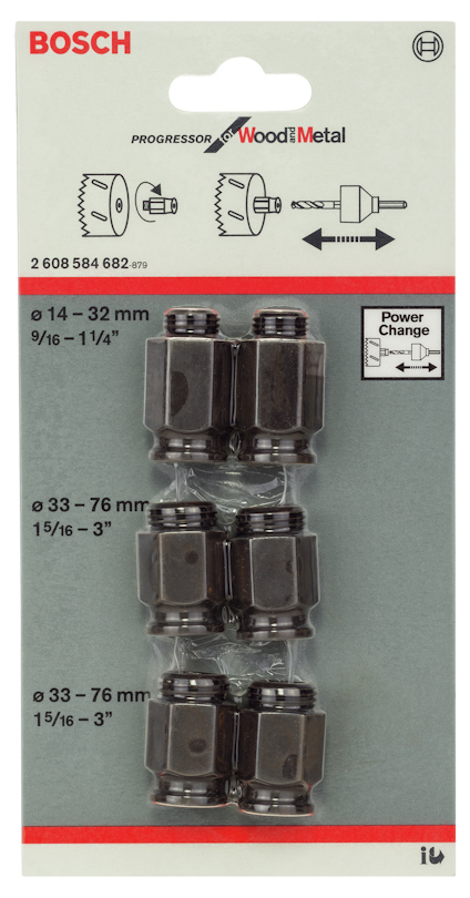 Boschsats för hålsågar. För trä och metall, storlekar 14–76 mm. Fyra svarta adaptrar medföljer.