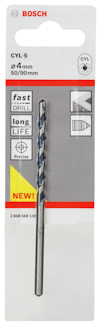 Förpackning med Bosch CYL-5 borr, 4mm, 50/90mm. Funktioner: "fast drill", "long life", "precise".