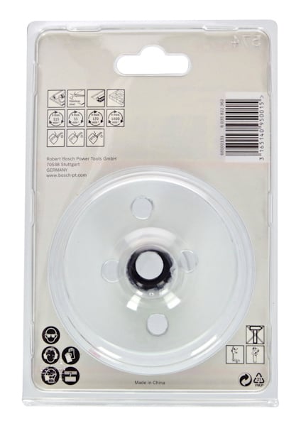 Förpackning med en rund transparent kapskiva, streckkod och säkerhetsikoner.