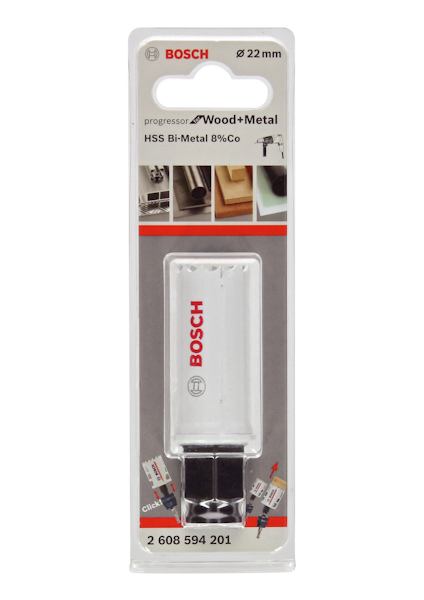 Förpackning med Bosch-progressiv sågblad för trä och metall, HSS bi-metall, diameter 22 mm, artikelnummer 2 608 594 201.