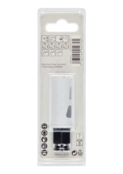 Förpackning med bits i plastbehållare, innehåller varningssymboler och streckkod. Text: "Made in China".