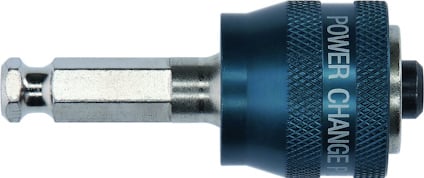 Metallisk hålsågsadapter med hexagonal form, blått grepp och texten "POWER CHANGE" ingraverad.
