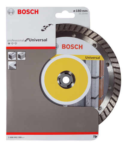 Förpackning med Bosch universal diamantklinga, 180 mm, visar produktbild och användningsikoner.