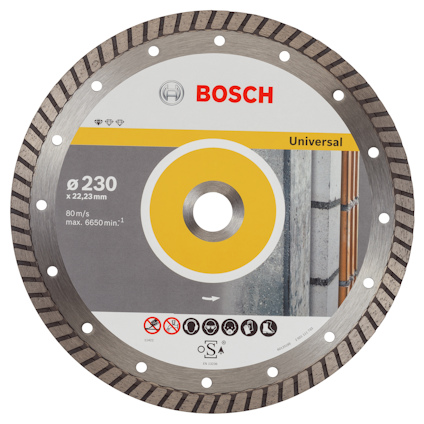 Rund diamantskiva med text: "Bosch", "Universal", "Ø 230 x 22,23 mm", symboler och säkerhetsanvisningar på etiketten.