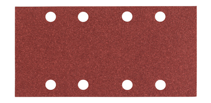 Rektangulärt sandpapper i rödbrun färg med åtta runda hål.