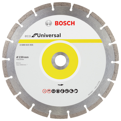 Diamantskiva med segmenterade kanter, Bosch-logga och text "eco Universal", vit och gul design med teknisk information.