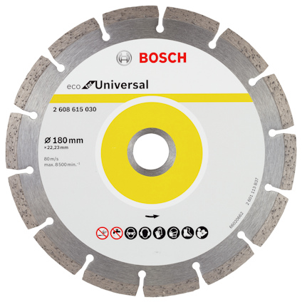 Diamantskiva med segmenterad kant, Bosch logotyp, och texten "eco Universal" på vit bakgrund.