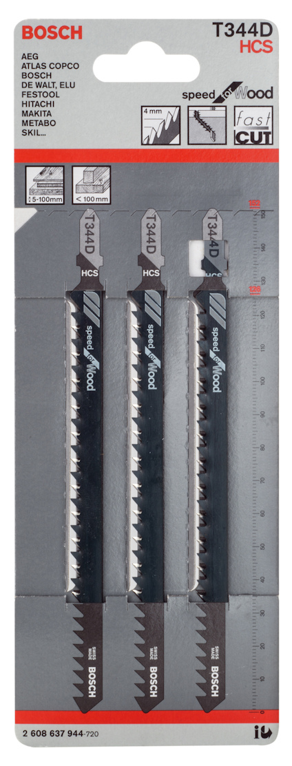Förpackning med tre Bosch T344D sticksågblad för trä, med märke och produktbeskrivning.