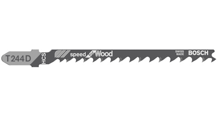 Sticksågblad märkt "T244D", "Bosch", "speed for Wood", "HCS", "Swiss Made".